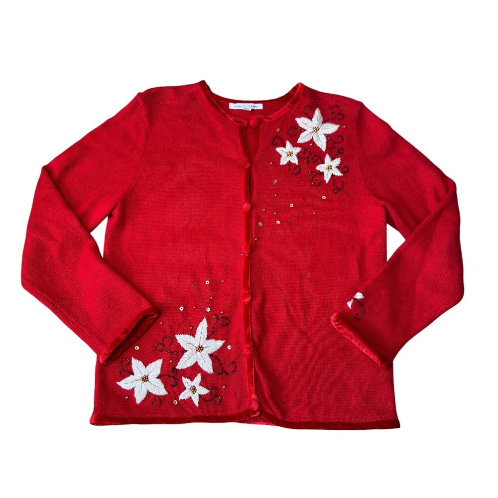 Mercer Street Studio Poinsettia Christmas Cardigan Sweater PM Red Velvet Trim